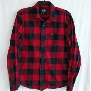 Hollister Flannel Button Up Shirt Men's Medium Long Sleeve Logo Plaid Navy Red
